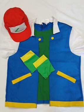 Pokemon Ash Ketchum Cosplay Costume Set 3 Pcs Jacket Gloves Hat Size Adult Small